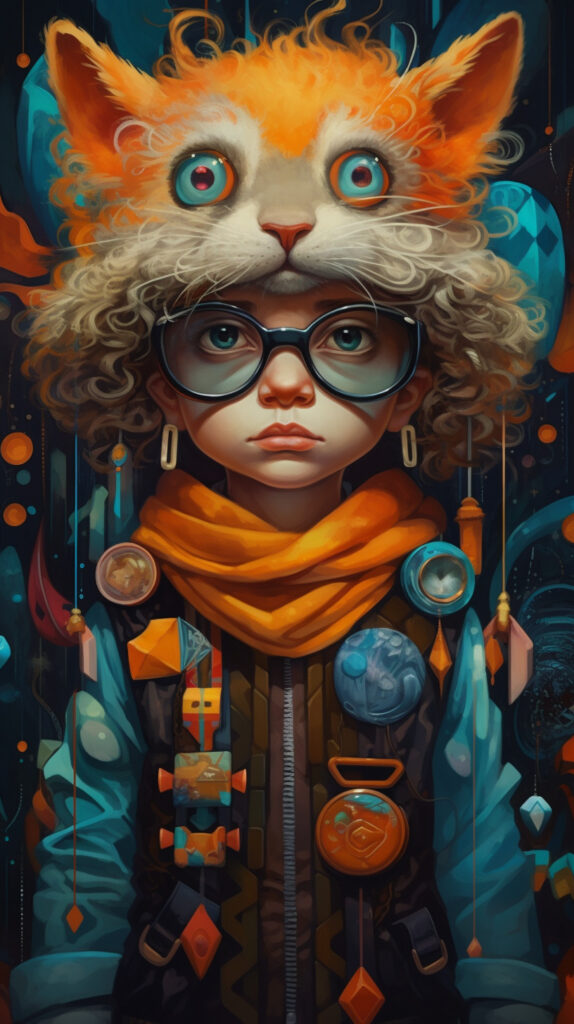a young boy in an outfit with colorful hat and glasses, in the style of fantastical, otherworldly creatures, geometric, mixes realistic and fantastical elements, catcore, colab, graffiti-inspired animals, gloomy