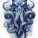 the illustration of an octopus has blue and white tentacles, in the style of jonathan wolstenholme, dark navy and gray, lith printing, wilhelm lehmbruck, light indigo and light black, textured illustrations, unusual cropping