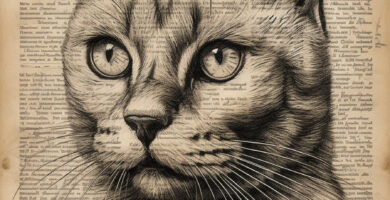 a cat portrait, airy, pin-up, sci-fi, very deitaled, realistic, fineart, line draw, vintage page dictionary