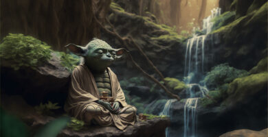Master yoda sitting and meditating in a detailed magic zen forest with a waterfall